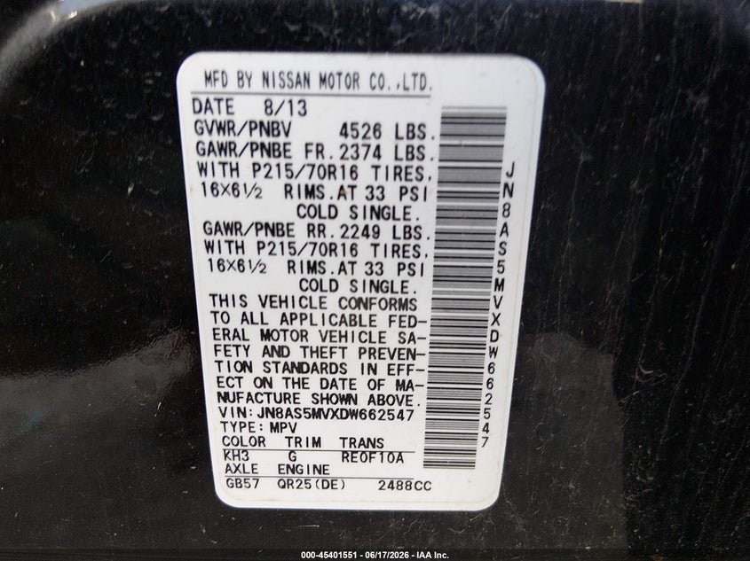 2013 Nissan Rogue VIN JN8AS5MVXDW662547 IAAI salvage auction — FRONT END, Salvage (Kansas), sold $400 on 2026-07-24 (photo 9)