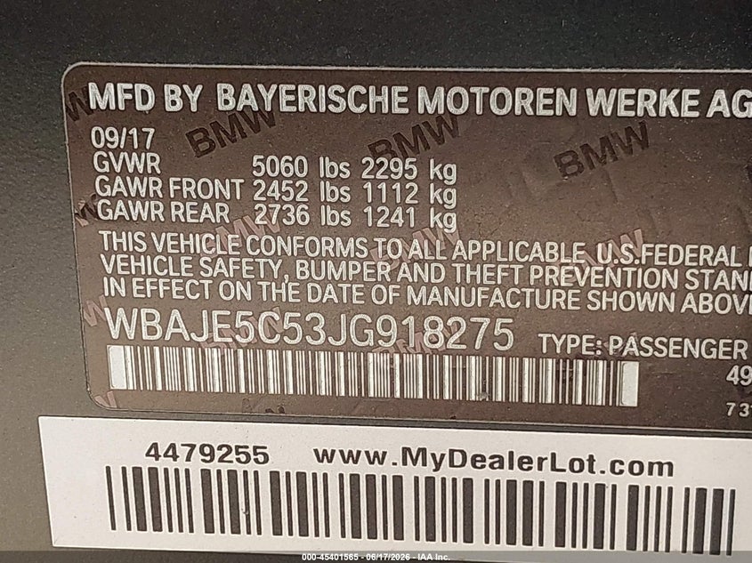 2018 BMW 5er VIN WBAJE5C53JG918275 IAAI salvage auction — SIDE, Salvage (California), sold $8,700 on 2026-07-10 (photo 9)