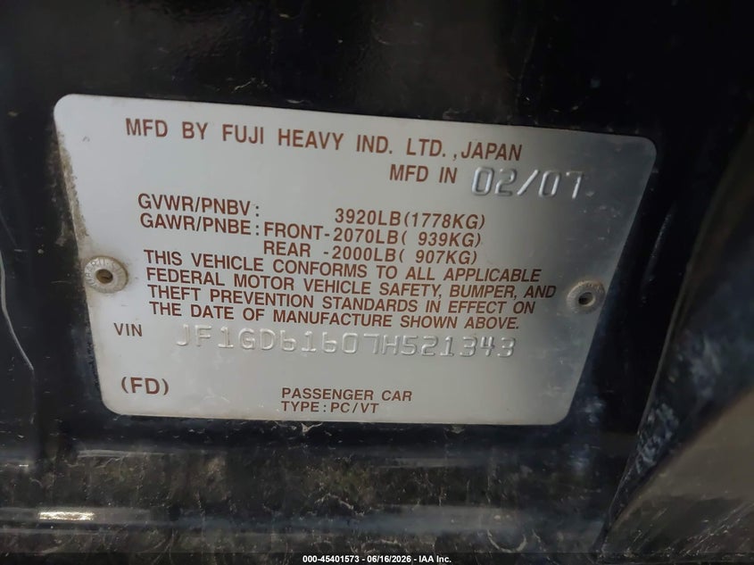 2007 Subaru Impreza VIN JF1GD61607H521343 IAAI salvage auction — FRONT END, Clear (Colorado), sold $150 on 2026-07-29 (photo 9)