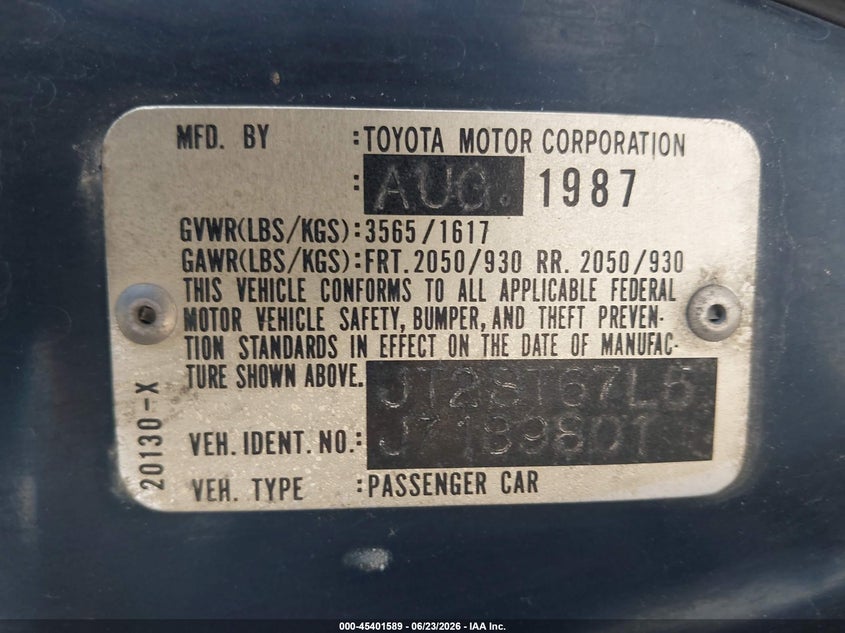1988 Toyota Celica VIN JT2ST67L5J7189801 IAAI salvage auction — NORMAL WEAR, Clear - Dealer Only (California), sold $200 on 2026-07-16 (photo 9)