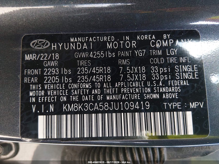 2018 Hyundai Kona VIN KM8K3CA58JU109419 IAAI salvage auction — FRONT & REAR, Salvage (New Jersey), sold $3,250 on 2026-07-27 (photo 9)