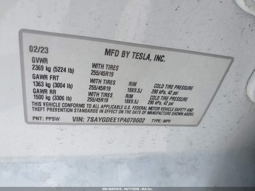2023 Tesla Model y VIN 7SAYGDEE1PA078602 IAAI salvage auction — REAR END, Salvage (California), sold $11,825 on 2026-07-06 (photo 9)