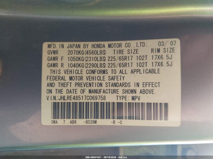 2007 Honda Cr-v VIN JHLRE48517C069758 IAAI salvage auction — REAR END, Original (Texas), sold $1,350 on 2026-07-06 (photo 9)