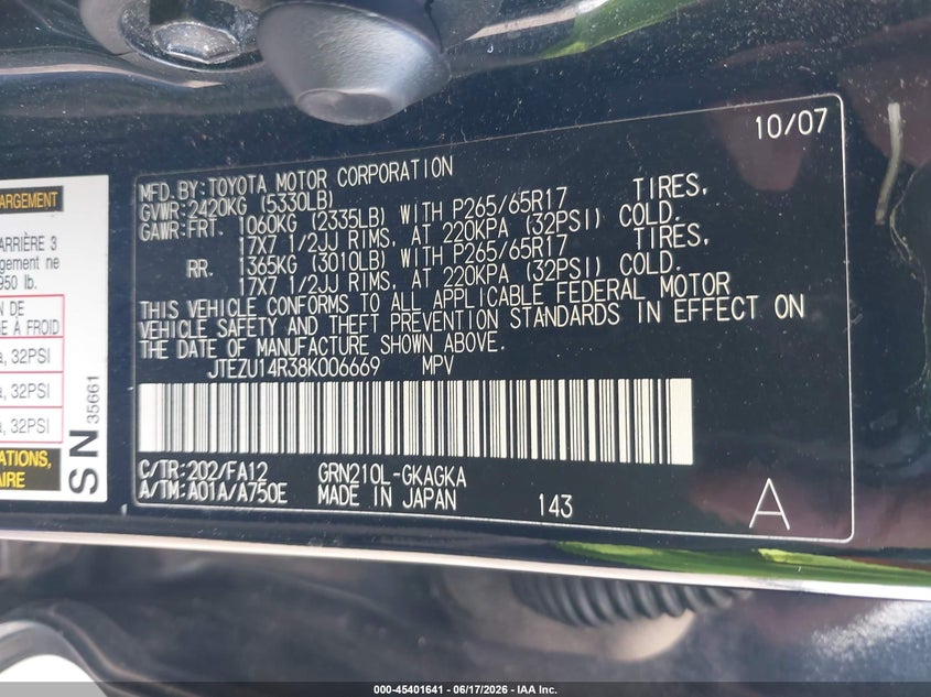 2008 Toyota 4runner VIN JTEZU14R38K006669 IAAI salvage auction — FRONT & REAR, Salvage (Texas), sold $2,800 on 2026-07-22 (photo 9)