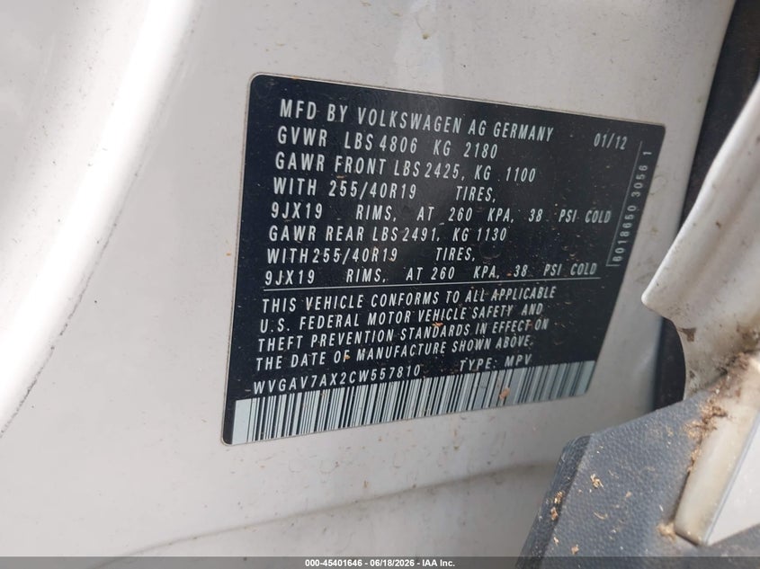 2012 Volkswagen Tiguan VIN WVGAV7AX2CW557810 IAAI salvage auction — REPOSSESSION, Nrc Lienholder Repossession Paperwork (Georgia), sold $850 on 2026-07-17 (photo 9)