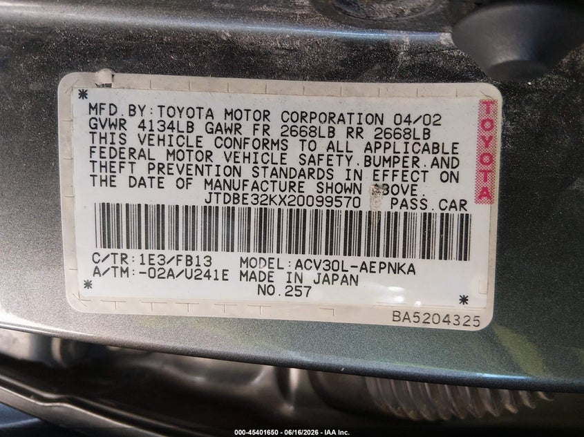 2002 Toyota Camry VIN JTDBE32KX20099570 IAAI salvage auction — FRONT END, Salvage (California), sold $100 on 2026-07-22 (photo 9)