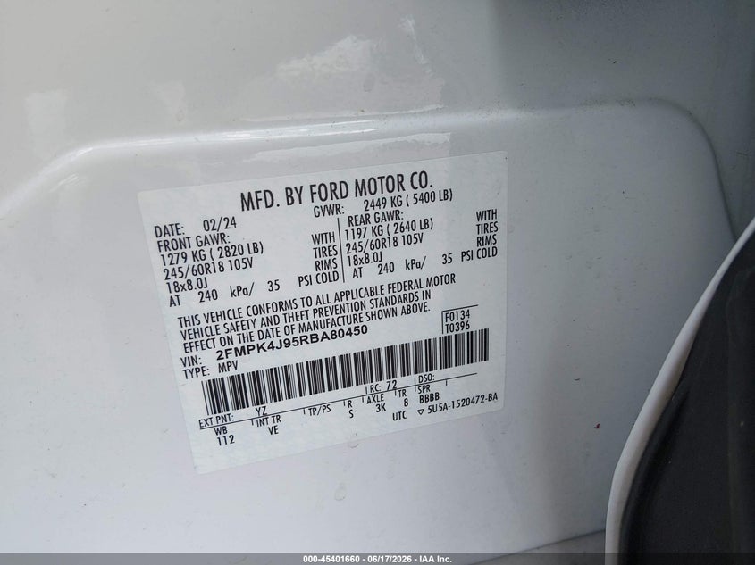 2024 Ford Edge VIN 2FMPK4J95RBA80450 IAAI salvage auction — REAR END, Salvage (North Carolina), sold $7,500 on 2026-07-30 (photo 9)