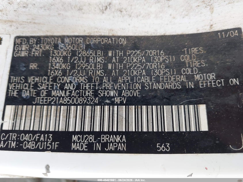 2005 Toyota Highlander VIN JTEEP21A850089324 IAAI salvage auction — FRONT END, Clear (Tennessee), sold $500 on 2026-07-23 (photo 9)