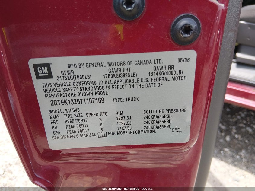 2007 Gmc SIERRA VIN 2GTEK13Z571107169 IAAI salvage auction — FRONT END, Clear (Arkansas), sold $925 on 2026-07-19 (photo 9)