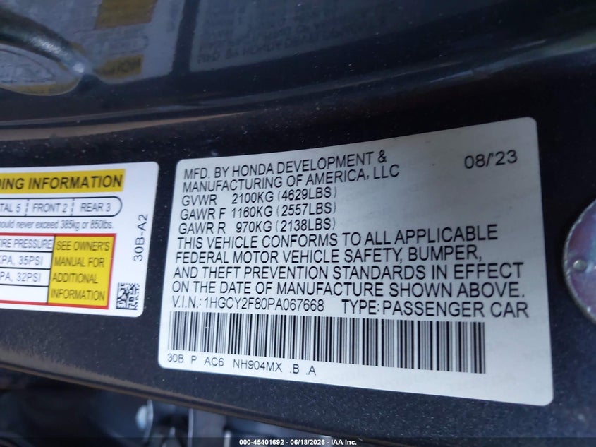 2023 Honda Accord VIN 1HGCY2F80PA067668 IAAI salvage auction — FRONT & REAR, Salvage (Arizona), sold $7,000 on 2026-07-28 (photo 9)