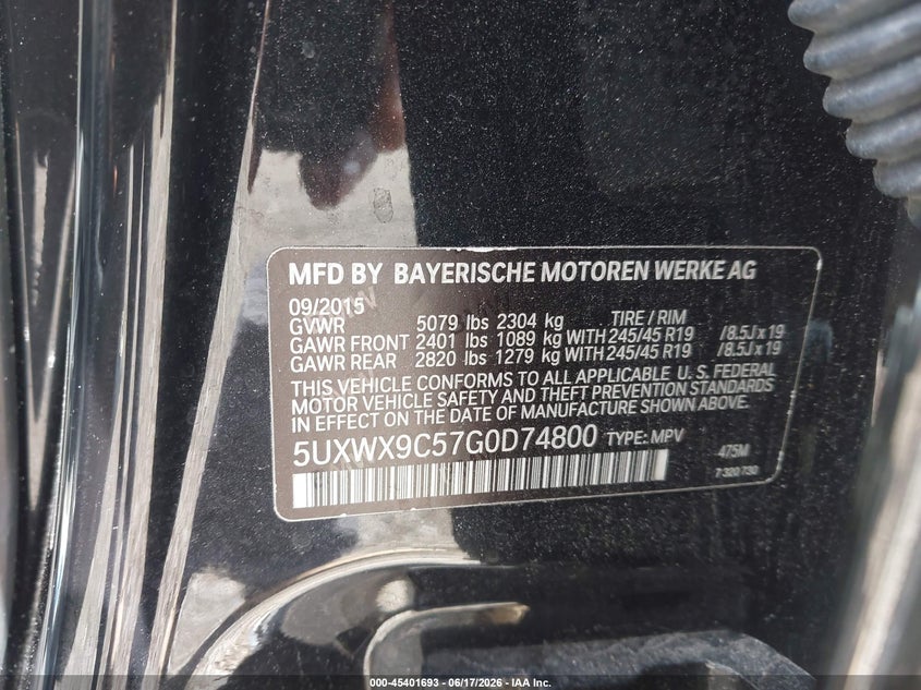 2016 BMW X3 VIN 5UXWX9C57G0D74800 IAAI salvage auction — LEFT SIDE, Salvage (Pennsylvania), sold $4,025 on 2026-07-14 (photo 9)
