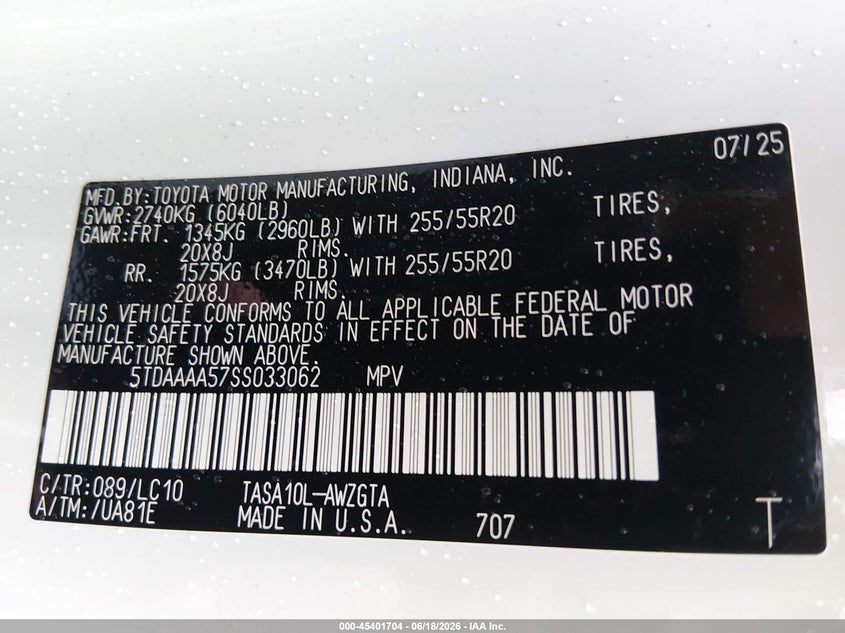 2025 Toyota Highlander VIN 5TDAAAA57SS033062 IAAI salvage auction — REAR END, Salvage (Mississippi), sold $17,600 on 2026-07-30 (photo 9)