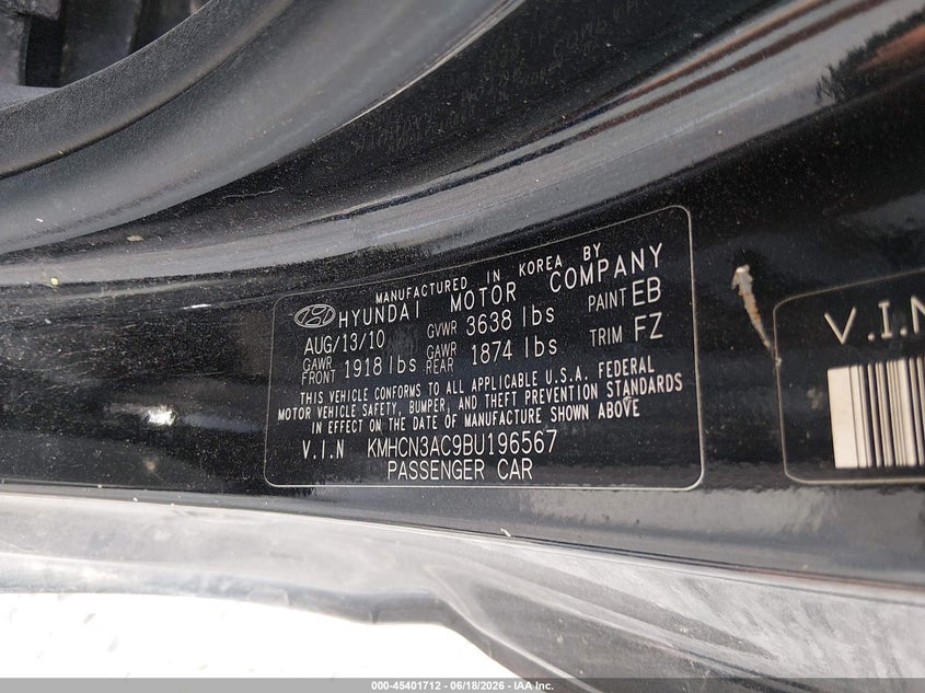 2011 Hyundai Accent VIN KMHCN3AC9BU196567 IAAI salvage auction — FRONT END, Clear (Virginia), sold $350 on 2026-07-07 (photo 9)