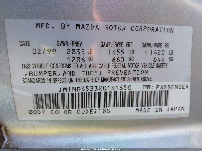 1999 Mazda Mx-5 VIN JM1NB3533X0131650 IAAI salvage auction — FRONT END, Salvage (California), sold $475 on 2026-07-14 (photo 9)