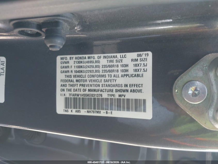 2019 Honda Cr-v VIN 7FARW1H55KE031376 IAAI salvage auction — LEFT & RIGHT, Salvage (California), sold $7,400 on 2026-07-06 (photo 9)