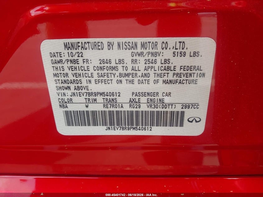 2023 Infiniti Q50 VIN JN1EV7BR9PM540612 IAAI salvage auction — RIGHT FRONT, Salvage Title, sold $6,500 on 2026-07-17 (photo 9)