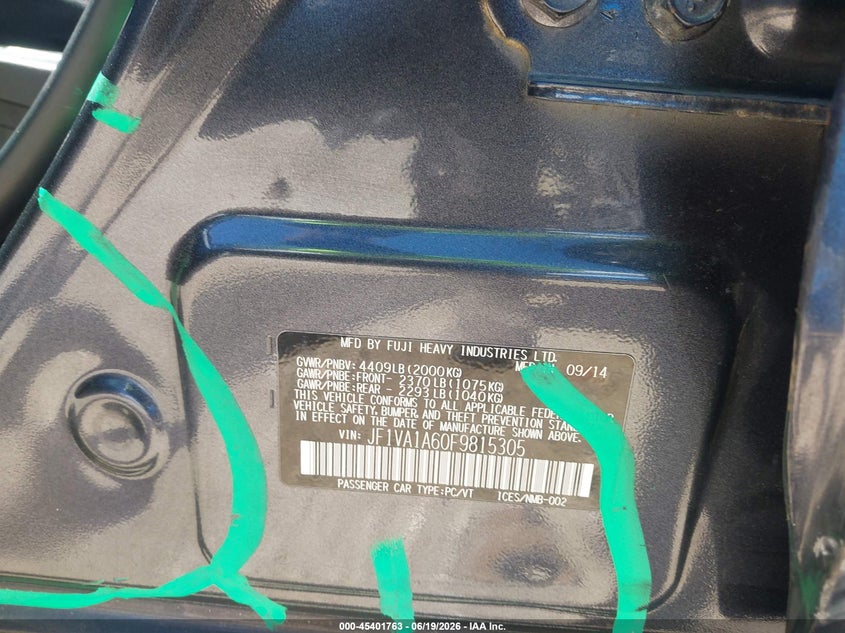 2015 Subaru Wrx VIN JF1VA1A60F9815305 IAAI salvage auction — SIDE, Salvage Title, sold $625 on 2026-07-28 (photo 9)