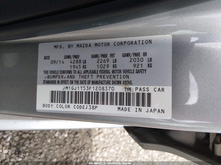 2015 Mazda 6 VIN JM1GJ1T53F1208370 IAAI salvage auction — FRONT & REAR, Salvage (South Carolina), sold $575 on 2026-07-21 (photo 9)