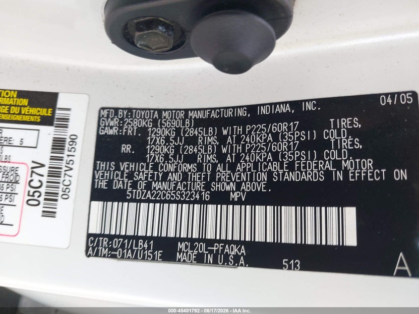2005 Toyota Sienna VIN 5TDZA22C65S323416 IAAI salvage auction — LEFT SIDE, Junk Bill Of Sale Mv2459 (Wisconsin), sold $825 on 2026-07-07 (photo 9)