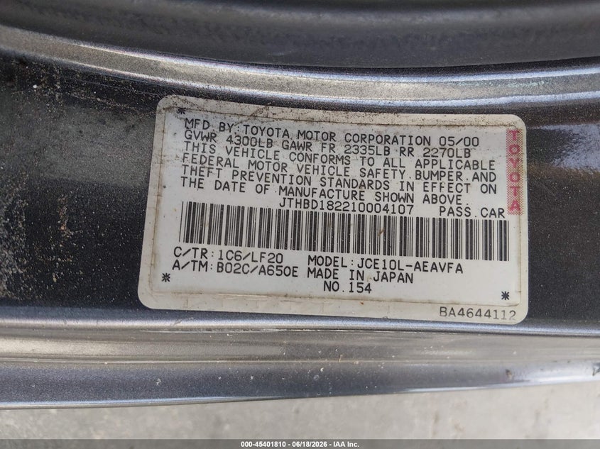 2001 Lexus Is 300 VIN JTHBD182210004107 IAAI salvage auction — NORMAL WEAR, Clear (Florida), sold $475 on 2026-07-07 (photo 9)