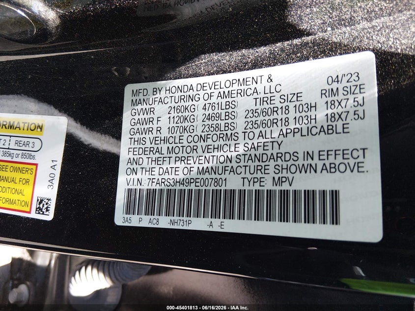 2023 Honda Cr-v VIN 7FARS3H49PE007801 IAAI salvage auction — SIDE, Salvage Title, sold $5,950 on 2026-07-17 (photo 9)