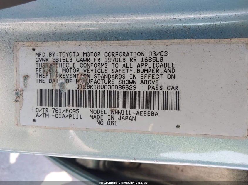 2003 Toyota Prius VIN JT2BK18U630086623 IAAI salvage auction — FRONT END, Salvage (California), sold $25 on 2026-07-29 (photo 9)