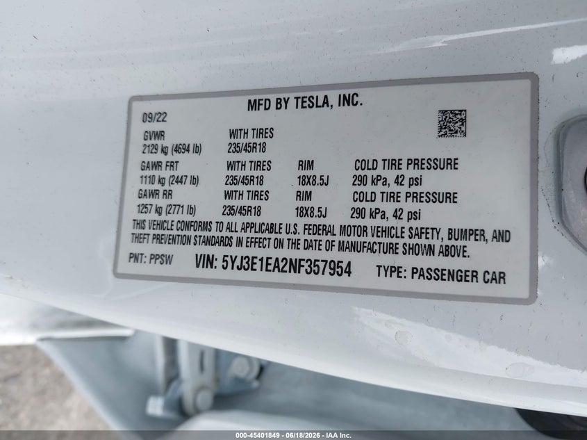 2022 Tesla Model 3 VIN 5YJ3E1EA2NF357954 IAAI salvage auction — SIDE, Salvage (California), sold $9,800 on 2026-07-08 (photo 9)
