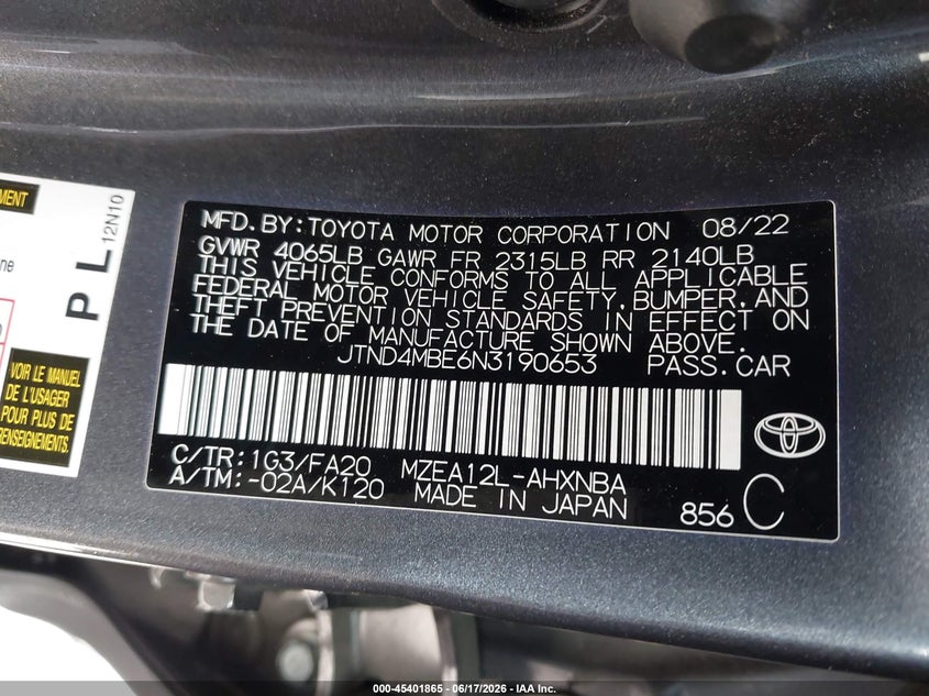 2022 Toyota Corolla VIN JTND4MBE6N3190653 IAAI salvage auction — LEFT SIDE, Salvage Title, sold $5,600 on 2026-07-27 (photo 9)