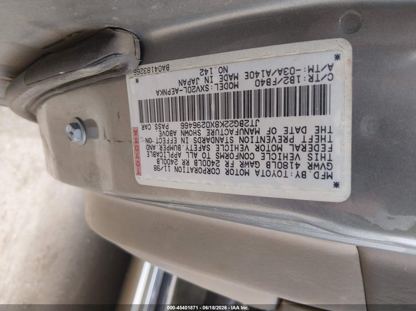 1999 Toyota Camry VIN JT2BG22K8X0296466 IAAI salvage auction — NORMAL WEAR, Clear (Oklahoma), sold $225 on 2026-07-29 (photo 9)