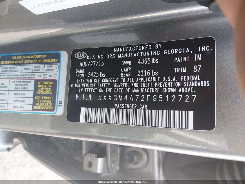 2015 Kia Optima VIN 5XXGM4A72FG512727 IAAI salvage auction — NORMAL WEAR, Clear (Tennessee), sold $625 on 2026-07-15 (photo 9)