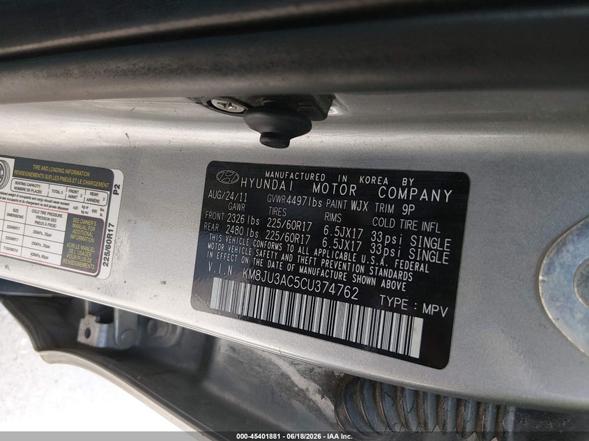 2012 Hyundai Tucson VIN KM8JU3AC5CU374762 IAAI salvage auction — REPOSSESSION, Nrc Lienholder Repossession Paperwork (Texas), sold $1,050 on 2026-07-13 (photo 9)