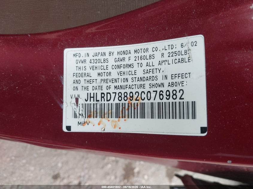 2002 Honda Cr-v VIN JHLRD78892C076982 IAAI salvage auction — SIDE, Salvage (California), sold $1,100 on 2026-07-20 (photo 9)