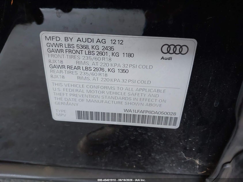 2013 Audi Q5 VIN WA1LFAFP6DA050028 IAAI salvage auction — FRONT END, Non-Repairable (California), sold $125 on 2026-07-30 (photo 9)