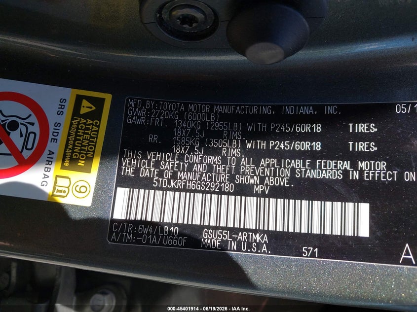 2016 Toyota Highlander VIN 5TDJKRFH6GS292180 IAAI salvage auction — FRONT END, Salvage Title, sold $3,850 on 2026-08-02 (photo 9)
