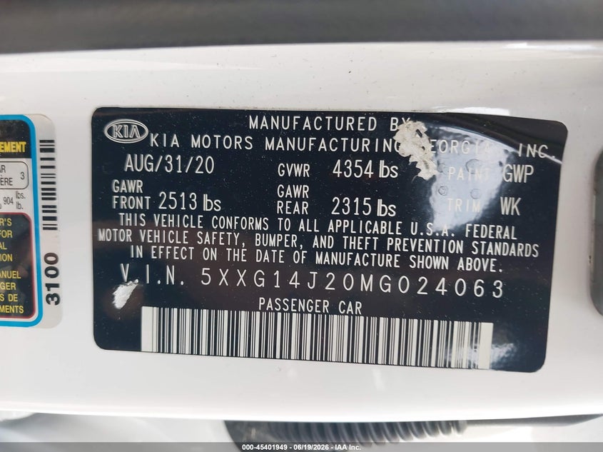2021 Kia K5 VIN 5XXG14J20MG024063 IAAI salvage auction — FRONT END, Salvage (Massachusetts), sold $2,975 on 2026-09-15 (photo 9)
