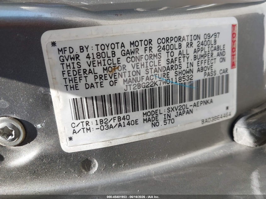 1998 Toyota Camry VIN JT2BG22K7W0118532 IAAI salvage auction — LEFT FRONT, Salvage (California), sold $275 on 2026-07-23 (photo 9)