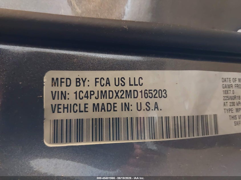 2021 Jeep Cherokee VIN 1C4PJMDX2MD165203 IAAI salvage auction — SIDE, Clear (Michigan), sold $6,500 on 2026-07-09 (photo 9)