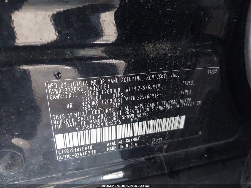 2021 Toyota VIN 4T3B6RFV9MU019355 IAAI salvage auction — FRONT & REAR, Salvage Title, sold $8,400 on 2026-07-18 (photo 9)