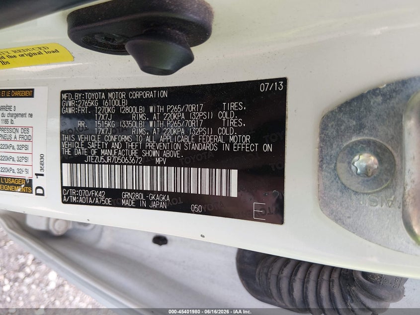 2013 Toyota 4runner VIN JTEZU5JR7D5063672 IAAI salvage auction — HAIL, Salvage (Kansas), sold $7,550 on 2026-07-24 (photo 9)