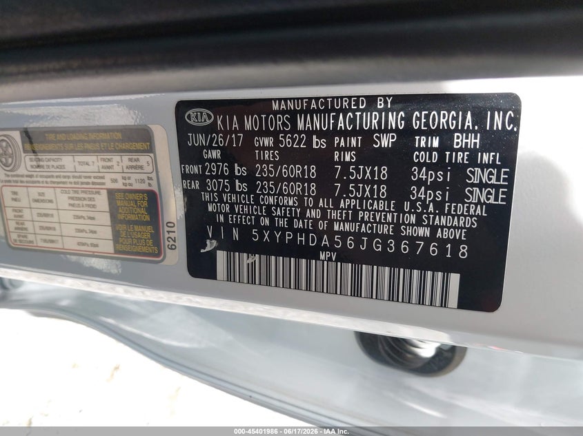 2018 Kia Sorento VIN 5XYPHDA56JG367618 IAAI salvage auction — FRONT END, Salvage (Pennsylvania), sold $1,600 on 2026-07-07 (photo 9)