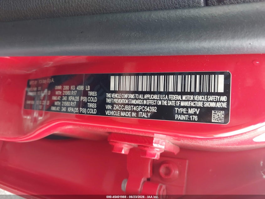 2016 Jeep Renegade VIN ZACCJBBT4GPC54392 IAAI salvage auction — REAR END, Clear (Virginia), sold $550 on 2026-07-21 (photo 9)