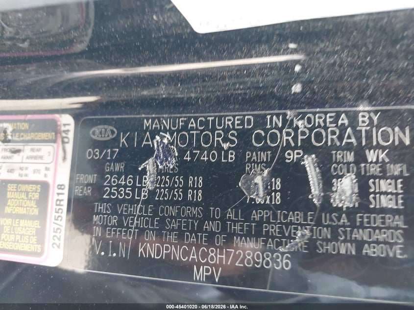 2017 Kia Sportage VIN KNDPNCAC8H7289836 IAAI salvage auction — FRONT END, Salvage (New Jersey), sold $1,900 on 2026-07-31 (photo 9)