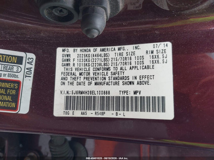 2014 Honda Cr-v VIN 5J6RM4H39EL100888 IAAI salvage auction — FRONT END, Salvage Title, sold $750 on 2026-07-17 (photo 9)