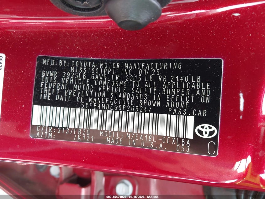 2025 Toyota Corolla VIN 5YFB4MDE6SP269347 IAAI salvage auction — FRONT END, Salvage (North Carolina), sold $4,950 on 2026-07-30 (photo 9)