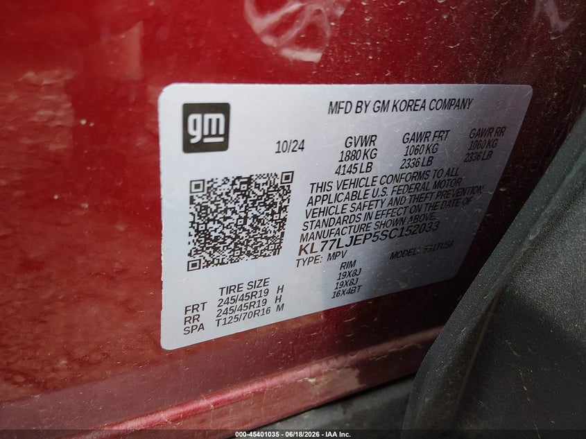 2025 Chevrolet Trax VIN KL77LJEP5SC152033 IAAI salvage auction — FRONT END, Salvage (Illinois), sold $4,650 on 2026-08-02 (photo 9)