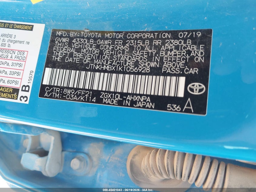 2019 Toyota C-hr VIN JTNKHMBX1K1056928 IAAI salvage auction — HAIL, Clear (Missouri), sold $6,750 on 2026-07-27 (photo 9)