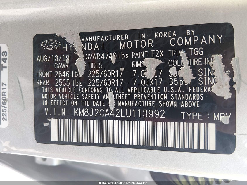2020 Hyundai Tucson VIN KM8J2CA42LU113992 IAAI salvage auction — HAIL, Salvage (Ohio), sold $6,250 on 2026-07-14 (photo 9)