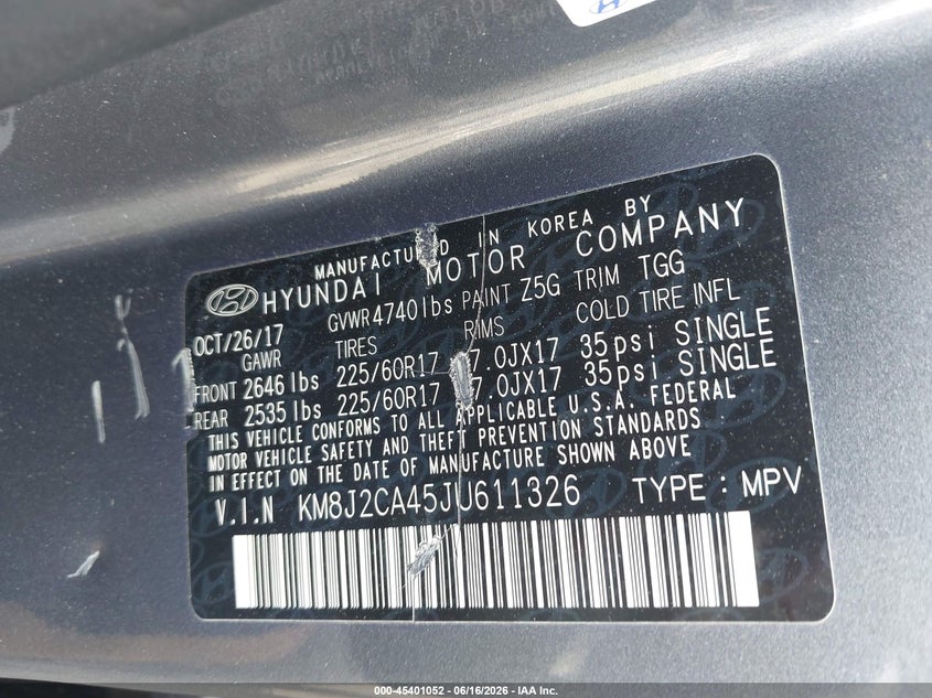 2018 Hyundai Tucson VIN KM8J2CA45JU611326 IAAI salvage auction — ROLLOVER, Salvage (North Carolina), sold $1,775 on 2026-07-09 (photo 9)
