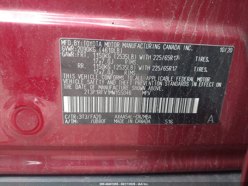 2021 Toyota VIN 2T3P1RFV1MW155046 IAAI salvage auction — FRONT END, Salvage Title, sold $7,600 on 2026-07-17 (photo 9)