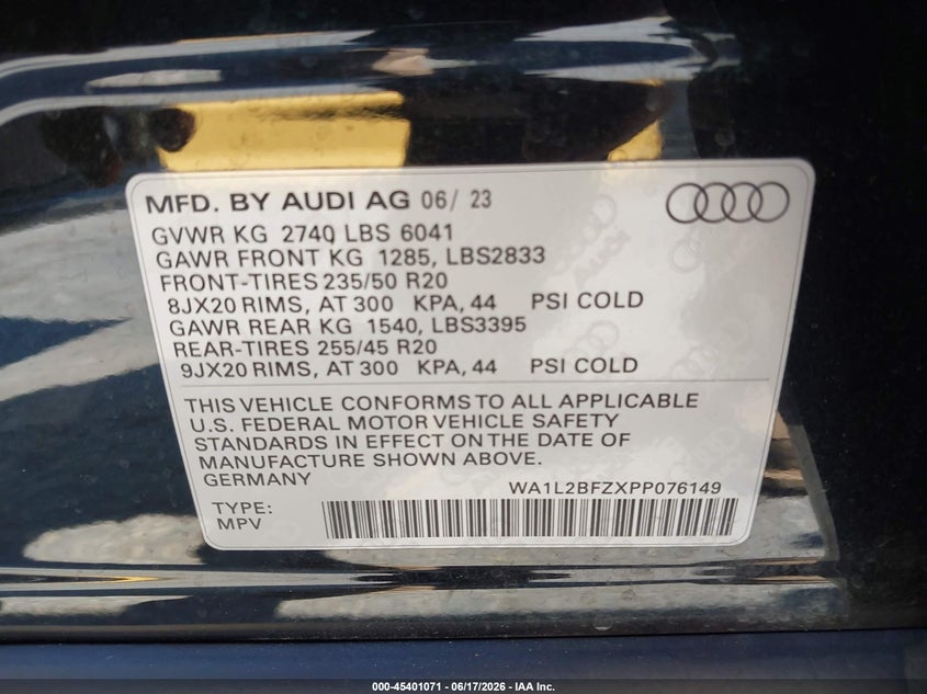2023 Audi Q4 e-tron VIN WA1L2BFZXPP076149 IAAI salvage auction — ROOF, Salvage (California), sold $16,600 on 2026-08-17 (photo 9)
